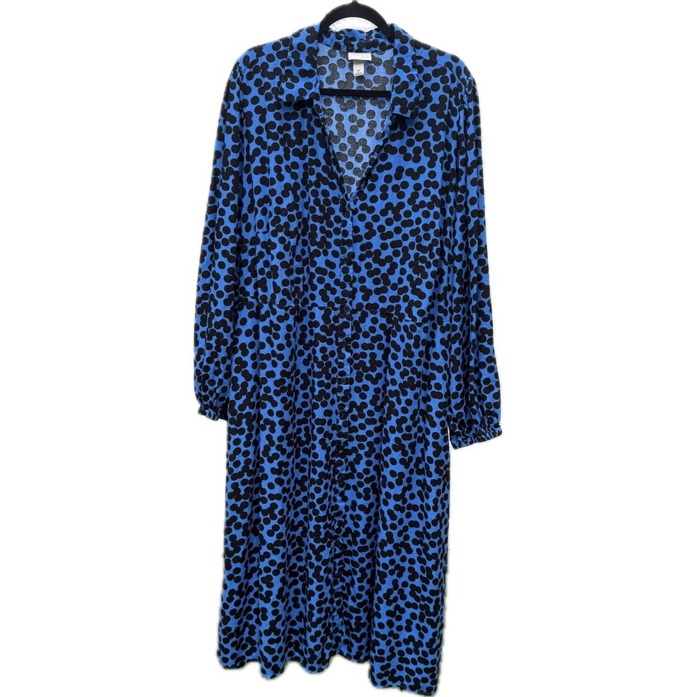 Ava & Viv Polka Dot Dress Womens 4X Blue Black Button Front Midi Casual Office - Picture 3 of 15